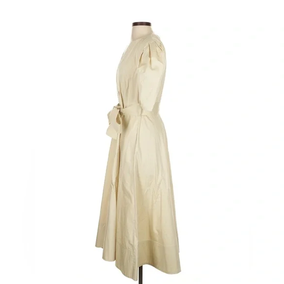 Polo Ralph Lauren Puff Sleeve Belted Midi Dress Fit Flare Cotton Poplin Beige 4 - Picture 9 of 10